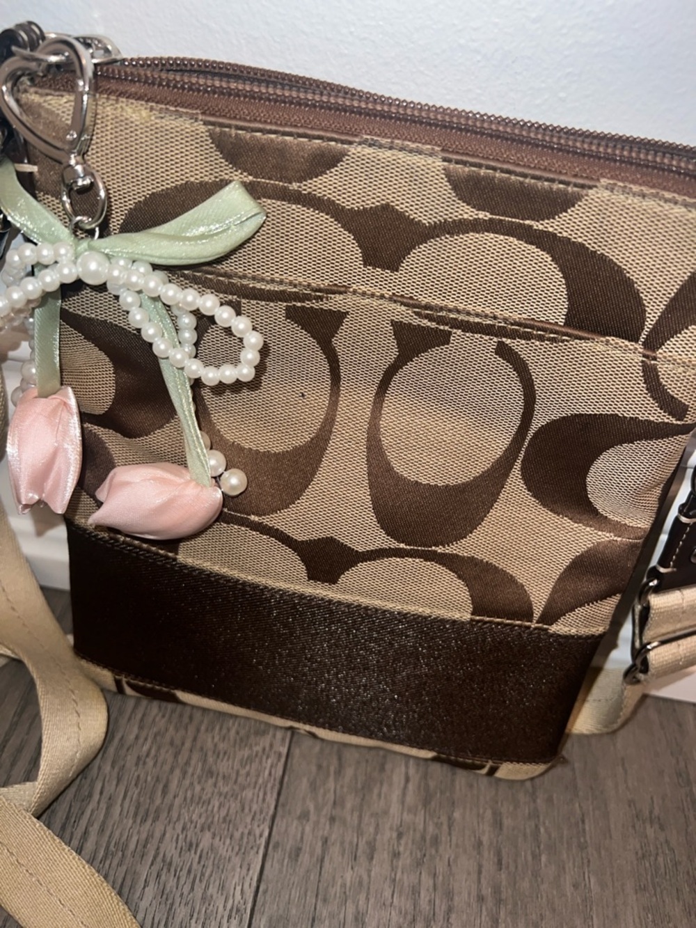 Coach Tan and Brown Signature Crossbody Bag with Floral Charm - Picture 3 of 7